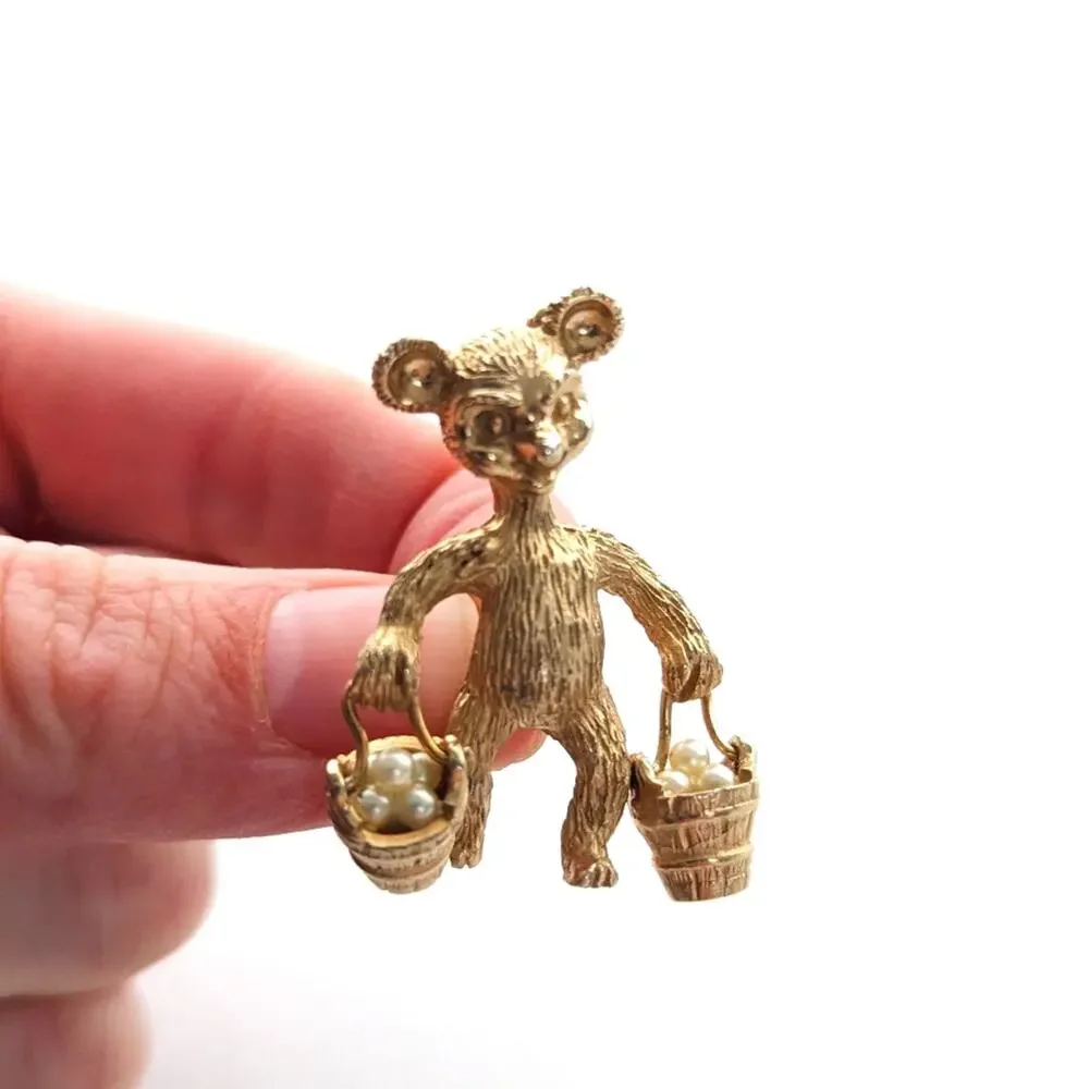 Vintage Gold Tone Figural Bear holding Articulated Buckets Full of Pearls Brooch